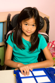 Girl in a wheelchair using a reader